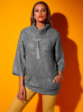 3/4 Arm-Pullover in grau-meliert