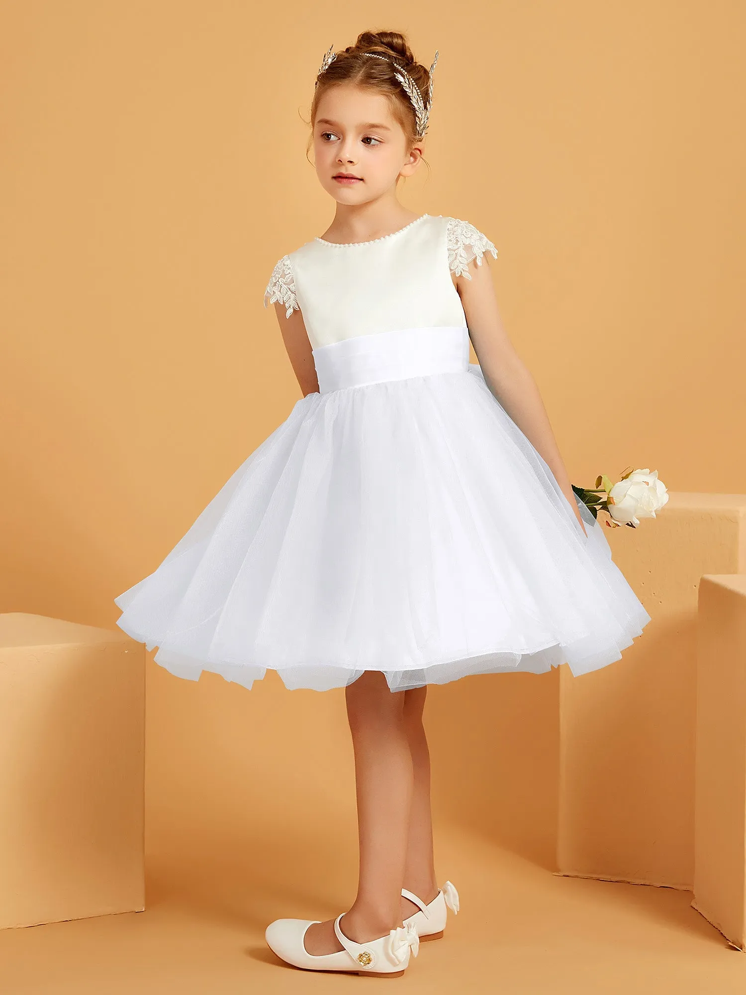 A-Linie Rundhals Knielang Satin/Tüll Blumenmdchenkleid Wei