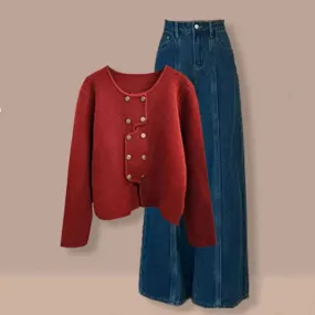 Heidi-Mode | Modisches Damen Zweiteiliges Set mit Pullover und Denim Hose