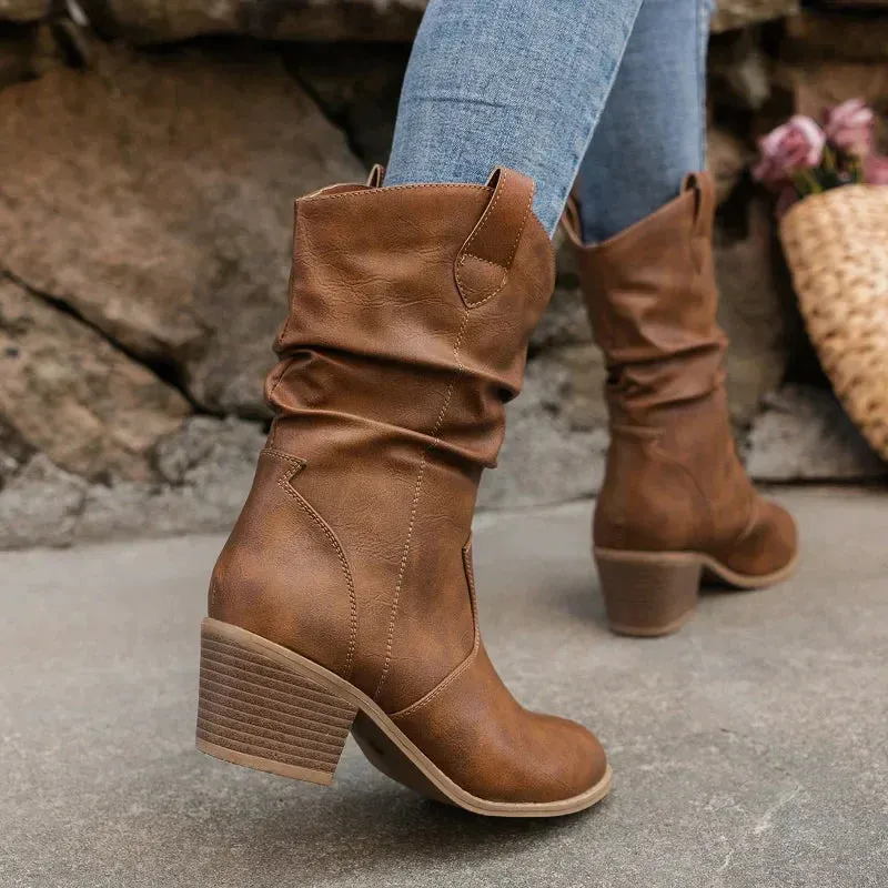 Heidi-Mode - Retro-Stiefel aus gerafftem PU-Leder