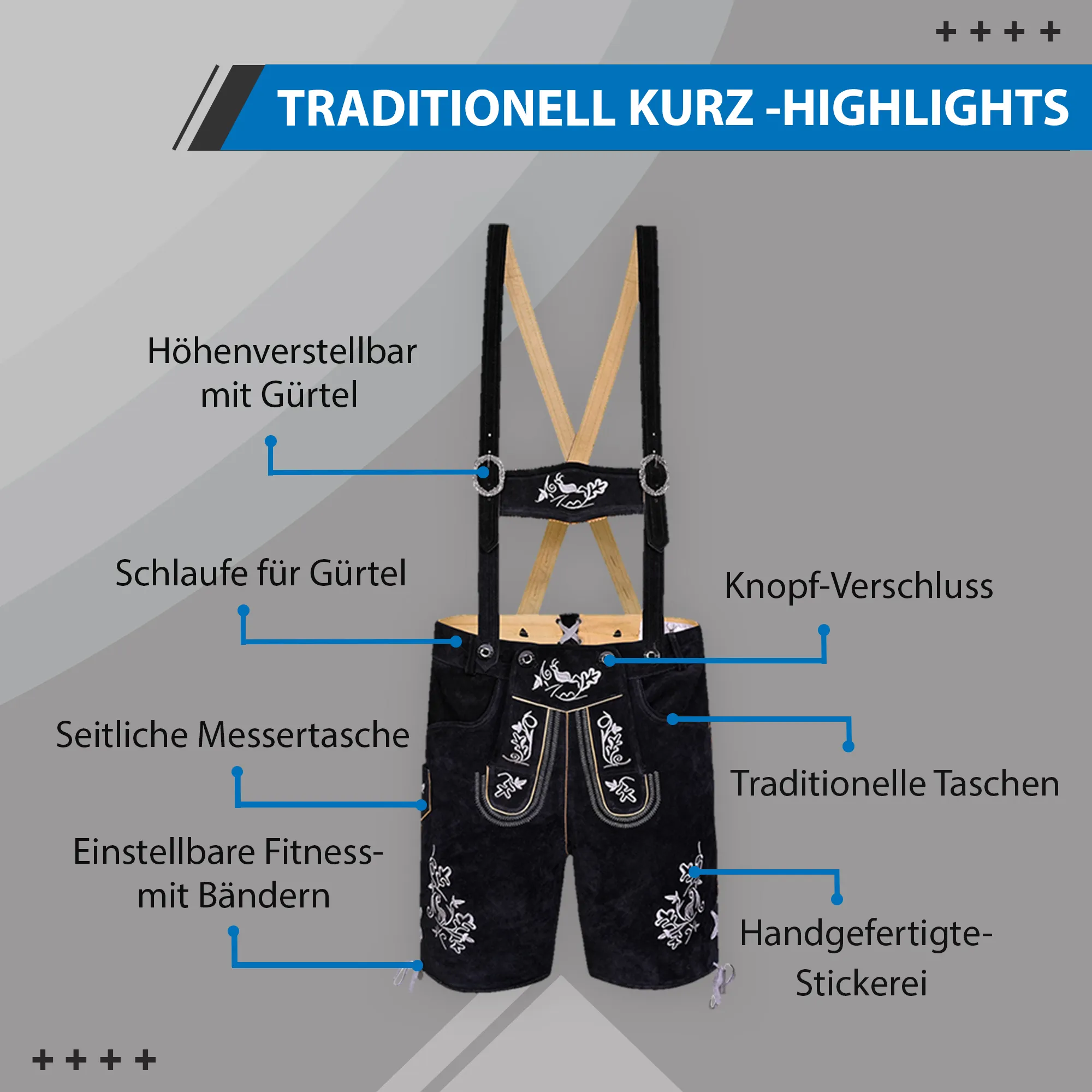 Kurze Trachten Lederhose mit Hosenträger Trachtenhose Schwarz mit Stickerei