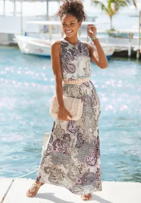 LASCANA Maxikleid in beige-flieder bedruckt