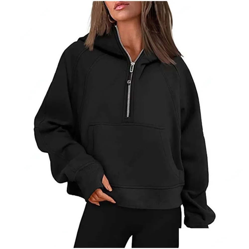 Lemens-43 Herbst Winter Yoga Anzug Scuba Hoodie Halbzip Damen Sportpullover Lose Fitnessjacke Fitness Kurzer Plüsch-Mantel Drop 