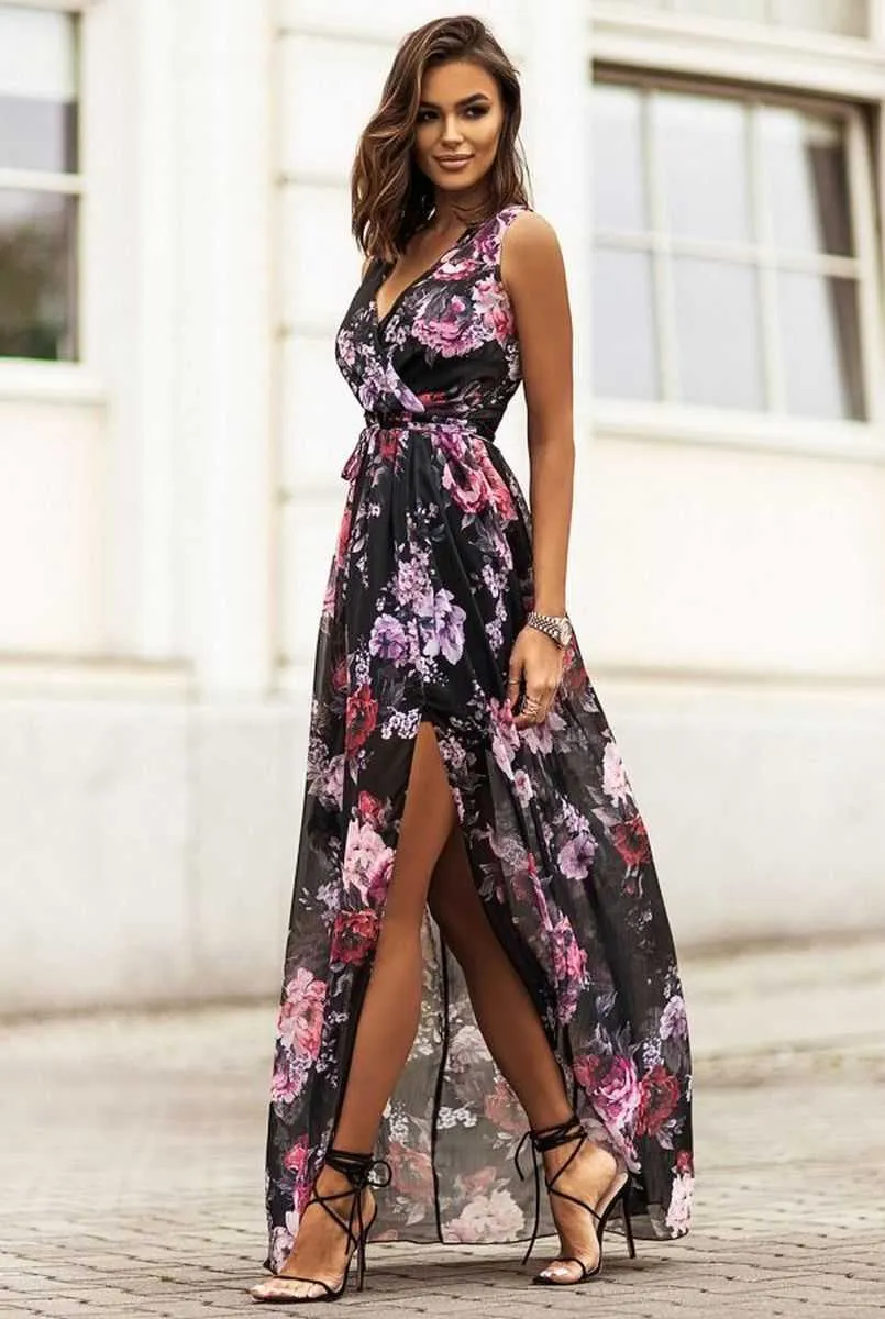 Schwarzes Chiffon Maxikleid mit Blumen